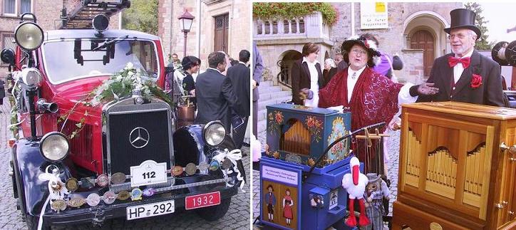 Hochzeits-Feuerwehrauto und Orgelspieler